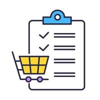 icono de color de la lista de compras. Planificación de compras en tienda. agregando productos al carrito. Mercancías y consumismo. escritura de lista de verificación. comercio y marketing digital. ilustración vectorial aislada vector