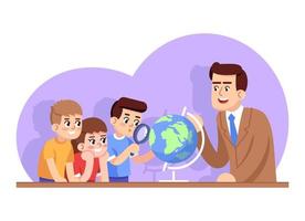 Geography lesson flat vector illustration. Extracurricular activity. Geographical club for kids. Popularization of earth science. Boys researching globe with teacher cartoon characters