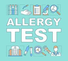 Allergy test word concepts banner. Allergic reactions diagnosis. Symptoms laboratory analysis. Presentation, website. Isolated lettering typography idea with linear icons. Vector outline illustration