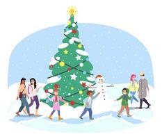 Ilustración de vector plano de árbol de Navidad de ciudad. los niños, los adultos se divierten, juegan bolas de nieve cerca de los personajes de dibujos animados de abetos de Navidad. actividades de vacaciones de invierno. decoraciones al aire libre de año nuevo