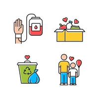 Volunteering color icons set. Altruistic activity. Blood and food donation, orphans care, garbage disposal. Isolated vector illustrations