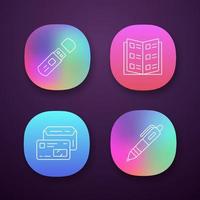 Office work attributes app icons set. UI UX user interface. Web or mobile applications. Business accessories vector isolated illustrations. Flash drive, pen, company catalog and envelope with id card