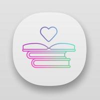 Educational books distribution app icon. Volunteer reader. Donating books. Stack of romance novels. Love of reading. UI UX user interface. Web or mobile applications. Vector isolated illustrations