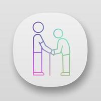 Elderly people help app icon. Assistance program for pensioners. Caring about old parents. Man holds senior by hands. UI UX user interface. Web or mobile applications. Vector isolated illustrations