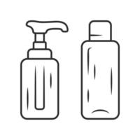 Empty reusable containers linear icon. Shampoo and soap bottles for travel. Personal hygiene, care products. Thin line illustration. Contour symbol. Vector isolated outline drawing. Editable stroke