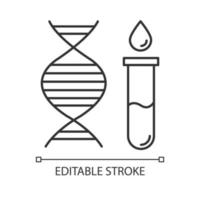 Genetic testing linear icon. DNA examination. Blood in vial. Medical procedure. Biochemistry. Chromosome, gene. Thin line illustration. Contour symbol. Vector isolated outline drawing. Editable stroke