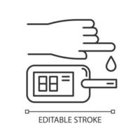 Blood test linear icon. Disease analysis. Illness check. Infection examination. Glucometer. Glucose test. Thin line illustration. Contour symbol. Vector isolated outline drawing. Editable stroke