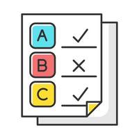 Written survey color icon. Exam papers. Test document. Questionnaire page. Choose multiple options. Select checkmark. Correct, wrong answers. Data report. Info analysis. Isolated vector illustration