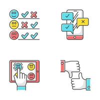 conjunto de iconos de color de encuesta. elegir el nivel de satisfacción. retroalimentación positiva, negativa. emoticonos tristes y felices. lista de verificación con marcas. charla en línea Me gusta, no me gusta el signo. ilustraciones de vectores aislados