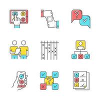 Survey color icons set. Choose satisfaction level. Online feedback. Like and dislike. Question and answer. Interview. Oral survey. Personal profile. Test checklist. Isolated vector illustrations