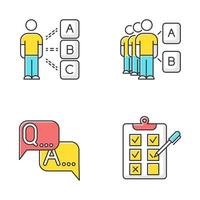 Survey color icons set. Personal questioning. Mass poll. Social opinion. Group test. FAQ sign. Question and answer. Written checklist. Share opinion. Tick checkbox. Isolated vector illustrations