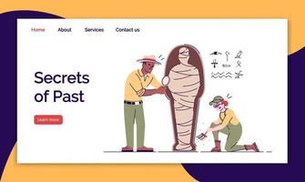 Secrets of past landing page vector template. Study of tomb of pharaoh website interface idea with flat illustrations. Expedition to Egypt homepage layout. Web banner, webpage cartoon concept