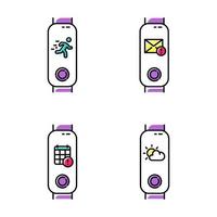 Fitness tracker notifications color icons set. Wellness device with weather forecast and active movement control. Gadget with digital calendar and incoming mail reminder. Isolated vector illustrations