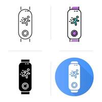 Fitness tracker with running man on display icons set. Wellness gadget monitoring fast movement. Active lifestyle device with jogging time. Linear, black and color style. Isolated vector illustrations