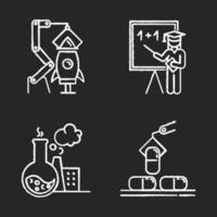 Industry types chalk icons set. Goods and services production. Aerospace, education, chemical and pharmaceutical sectors of economy. Research and science. Isolated vector chalkboard illustrations