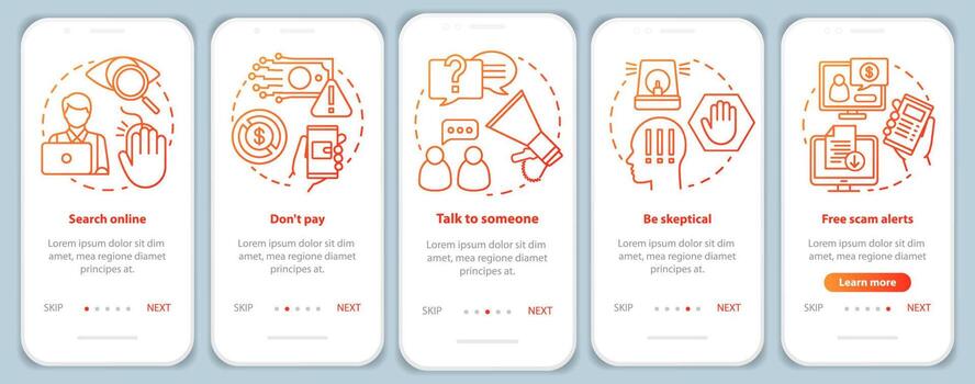 Scam prevention onboarding mobile app page screen vector template. Walkthrough website steps with linear illustrations. Search online. UX, UI, GUI smartphone interface concept