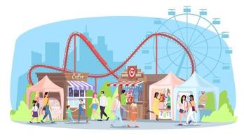 ilustración vectorial plana del parque de atracciones. montaña rusa, noria, puestos de mercado con comida, juguetes. la gente camina en el parque de atracciones, personajes de dibujos animados de la feria de circo. niños y adultos disfrutan de las atracciones del recinto ferial vector