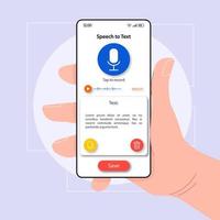 plantilla de vector de interfaz de teléfono inteligente convertidor de voz a texto. diseño de color de la página de la aplicación móvil. pantalla de la grabadora de voz. interfaz de usuario plana para la aplicación. teléfono de mano con conversión de frases en pantalla