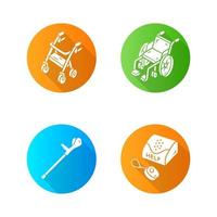 Disabled devices flat design long shadow glyph icons set. Rollator, manual wheelchair, forearm crutch, personal emergency response system. Handicapped equipment. Vector silhouette illustration