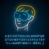 Sleeping eyemask neon light icon. Eye mask, eyepatch, night blindfold. Sleeping accessory for eyes rest and relax. Glowing sign with alphabet, numbers and symbols. Vector isolated illustration