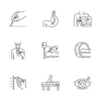 Medical procedure linear icons set. Endoscopy. Cardiogram. Physiotherapy. Anesthesia. Brain scan. Vision correction. Thin line contour symbols. Isolated vector outline illustrations. Editable stroke