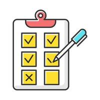 Written survey color icon. Choosing option. Tick checkbox. Evaluation test. Select answer. Correct, incorrect. Questionnaire. Paper research. Page on clipboard. Isolated vector illustration