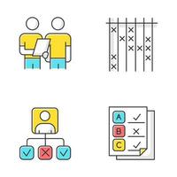 Survey color icons set. Interview, questioning. Checklist mark. Info collection and analysis. Personal profile. Questionnaire, written test. Check list, select option. Isolated vector illustrations