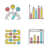 Survey color icons set. Satisfaction level. Evaluation scale. Assessment meter. Statistics analysis. Questioning process. Correct and wrong. Online data collection. Isolated vector illustrations