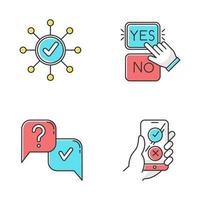 Survey color icons set. Correct answer, approve option. Spread structure. Yes and no button click. Question and answer. FAQ sign. Online feedback. Approve and disapprove. Isolated vector illustrations