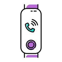 Fitness tracker with incoming call on display color icon. Wellness device with ringing phone symbol. Portable gadget with active phone call notification sign. Isolated vector illustration