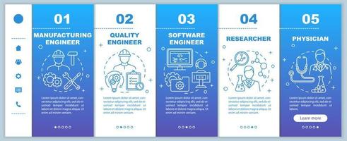 Bioengineering jobs onboarding mobile web pages vector template. Physician. Responsive smartphone website interface idea with linear illustrations. Webpage walkthrough step screens. Color concept