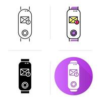 Fitness tracker with incoming mail notification on display icons set. Electronic device with new correspondence reminder. Linear, black and color styles. Isolated vector illustrations