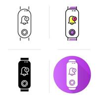 Fitness tracker with notification sign on display icons set. Wearable healthy lifestyle gadget with reminder pictogram. Linear, black and color styles. Isolated vector illustrations