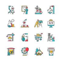 Industry types color icons set. Goods and services production. Technology development. Human activities for profit. Businesses in various sectors of economy. Isolated vector illustrations