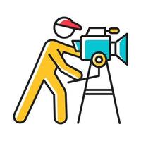 Film industry yellow color icon. Cinema business. Cinematography. Making movie. Operator filming scene. Show business. Filmmaking. Moviemaking. Video production. Isolated vector illustration