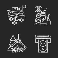 Industry types chalk icons set. Fishing, energy, timber, financial sectors of economy. Business spheres. Goods and services production. Isolated vector chalkboard illustrations