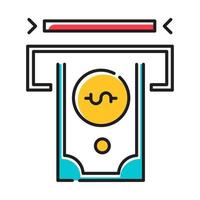 Financial services industry color icon. Banking. Cash withdrawal. Money management. Administration of funds. Receiving dollar banknotes from ATM. Cash receiving. Isolated vector illustration