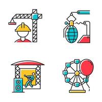 Industry types color icons set. Construction, arms, music, entertainment economy sectors. Goods and services production. Businesses activities. Isolated vector illustrations