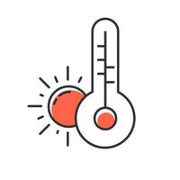 Weather forecast red color icon. Anticyclone. Drought. Atmospheric conditions and air temperature. Sun and thermometer. Meteorological observations. Global warming. Isolated vector illustration