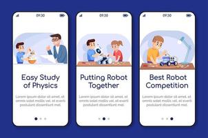 Robotics courses for kids onboarding mobile app screen vector template. After school club. Walkthrough website steps with flat characters. UX, UI, GUI smartphone cartoon interface concept