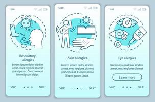 Allergy symptom types onboarding mobile app page screen vector template. Skin, eye, respiratory allergies. Walkthrough website steps with linear illustrations. UX, UI, GUI smartphone interface concept