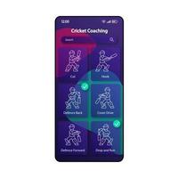 Cricket rules smartphone interface vector template. Mobile app page color design layout. Cricketer training skills screen. Linear UI for application. Sports game coaching phone display..