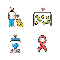 Volunteering color icons set. Humanitarian assistance. Altruistic activity. Animals welfare, donation box, medical aid, awareness ribbon. Isolated vector illustrations