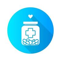 Medical aid flat design long shadow glyph icon. Nursing service. Medical volunteering. Course of treatment. Can with different pills. Bottle with drugs, heart. Vector silhouette illustration