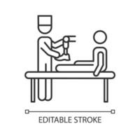 Prosthetics linear icon. Medical procedure. Doctor, patient. Amputee with no limb. Help for veterans. Thin line illustration. Contour symbol. Vector isolated outline drawing. Editable stroke