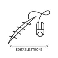 Stitching linear icon. Suture device. Medical procedure. Wound treatment. First aid. Open cut and gash. Thin line illustration. Contour symbol. Vector isolated outline drawing. Editable stroke