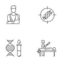 conjunto de iconos lineales de procedimiento médico. yeso ortopédico. inmunoterapia prueba genetica ADN, moléculas. diagnóstico de autopsia. símbolos de contorno de línea delgada. ilustraciones aisladas de contorno vectorial. trazo editable vector