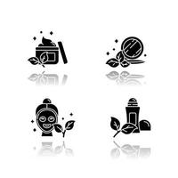 Organic cosmetics drop shadow black glyph icons set. Face cream. Pressed makeup powder. Facial mask. Deodorant, antiperspirant. Chemical free beauty products. Skincare. Isolated vector illustrations