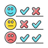 Checklist color icon. Choosing option. Good, bad, neutral experience. Voting. Check list. Agree, disagree. Satisfaction level. Positive, negative. Multiple opinions. Isolated vector illustration