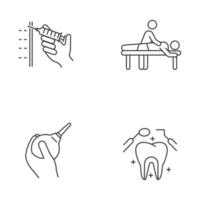 Medical procedure linear icons set. Injection with syringe. Massage. Lavement. Dental care. Oral health. Clinical aid. Thin line contour symbols. Isolated vector outline illustrations. Editable stroke